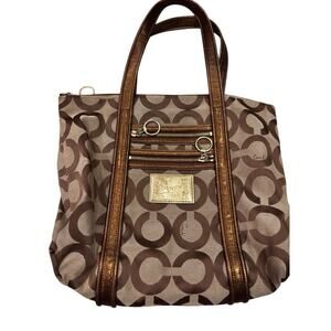 Coach Poppy Glam Tote 13826 Brown Signature C Canvas Bronze Leather Shoulder Bag